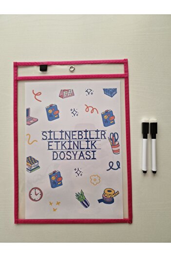 Hobi Kafe Pink Erasable Activity File for A4 Work Papers + 2 Pcs Pens with Eraser