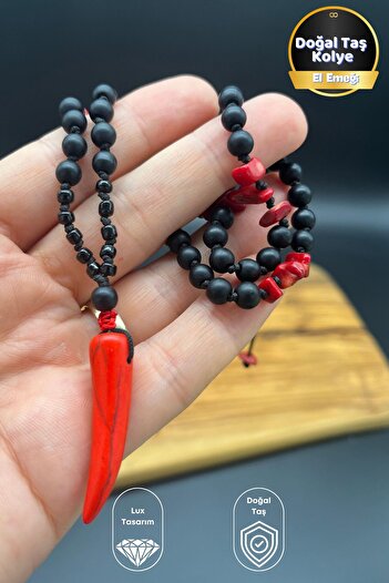 Balzamin Design Onyx and Coral Stone Unisex Necklace |   Natural Stone Design with Howlite Tip, Adjustable