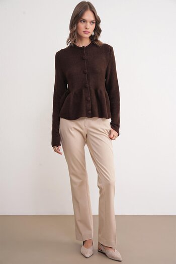 Mixray 6958 Women's Knitwear Peplum Cardigan Brown