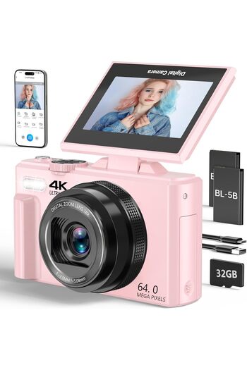 YIMLGE 4K Digital Camera , 64MP with 3" 180° Flip Screen, 18X Digital Zoom Point with 32GB Micro SD Card