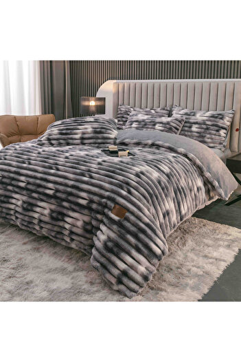 JOJO HOME Fluffy cocolino bedding set, thick striped pattern, with elastic, 4 pieces, Gradient Gray