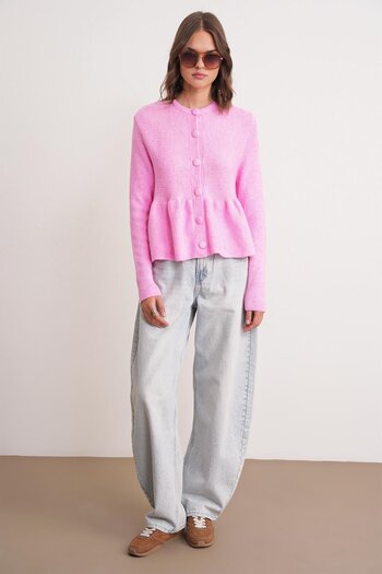 Mixray 6958 Women's Knitwear Peplum Cardigan Pink