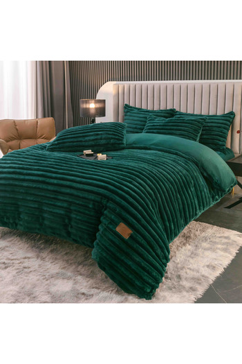 JOJO HOME Fluffy cocolino bedding set, thick striped pattern, with elastic, 2-person bed, 4 pieces, Green