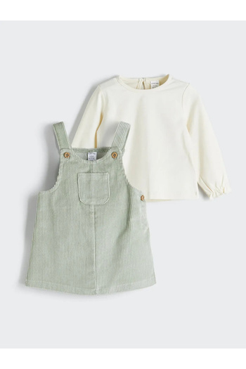 LC Waikiki Baby Green Crew Neck Cotton Velvet Baby Girl Blouse and Salopet 2 Piece Set