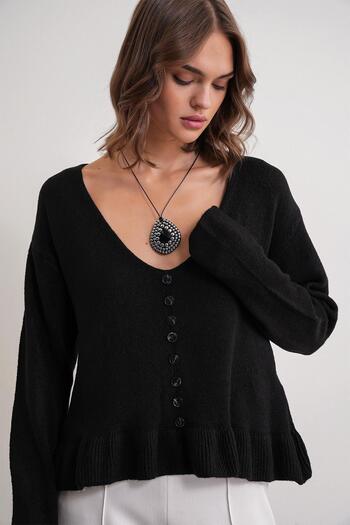 Mixray 6954 women's ruffle detailed v-neck knitwear sweater black