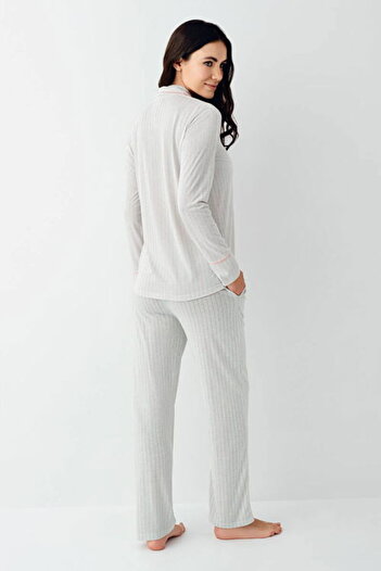 Pierre Cardin Shirt Collar, Pocket, Women's Pajama Set, Long Sleeve, Green, Striped, Cotton & Modal