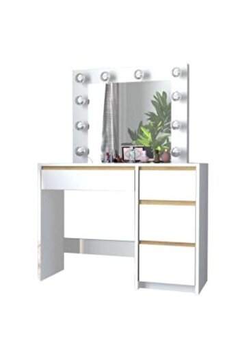 Mercaton Vanity Table/Makeup Table, Glossy White and Sonoma Oak, with Mirror and LEDs, Irina, 94x43x141 cm