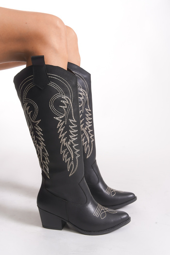 Riccon Women's Western Boots 00121300 Black Leather Beige Detail