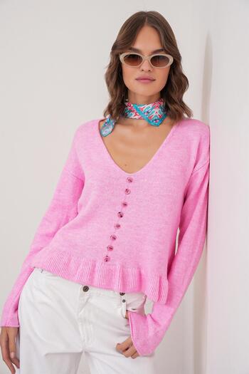 Mixray 6954 women's pink ruffle detailed v-neck knit sweater