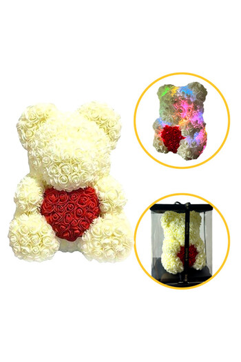 velve Ursulet floral 30 cm, cu LED-uri luminoase, trandafiri spuma cu inima rosie, in cutie cadou, Alb