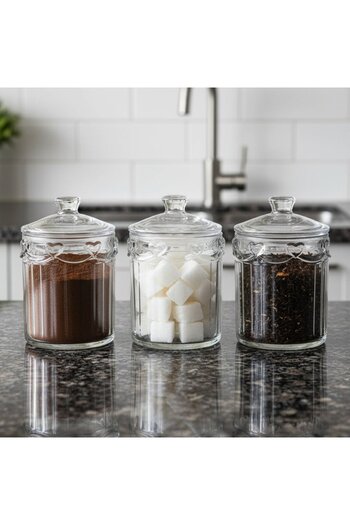 FAIR HOME 3-Piece Heart Detailed Glass Lid Sugar Bowl - Countertop Spice Container Set