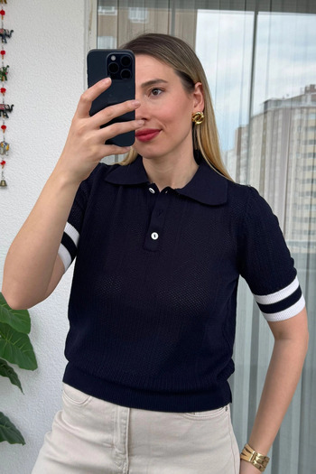 Kubos Moda Polo Neck Short Sleeve Navy Blue Knitwear