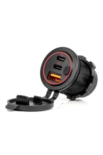 DELUXETUNING Waterproof Phone Charger with Switch, Red LED Backlight, USB + 2 x USB-C QC 3.0 12/24V