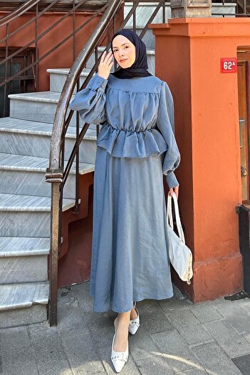 lamelif Drawstring Detailed Hijab Two-Piece Set Indigo