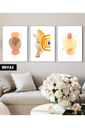 Harikabirev Hari̇kabi̇rev | Orange Colored Abstract Pattern Bohemian Combination 01 | Framed Glass Table 3-Piece Vertical