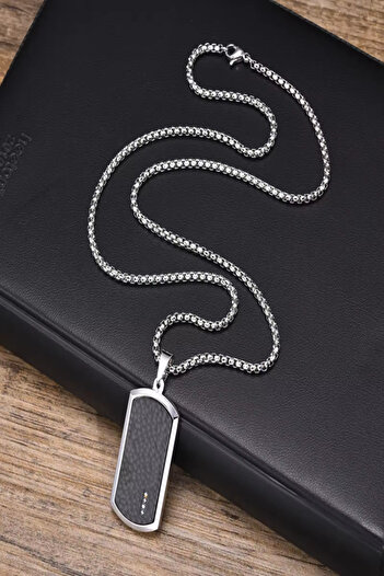 OEM Men's necklace, black stainless steel plate with 5 transparent rhinestones in a line shape