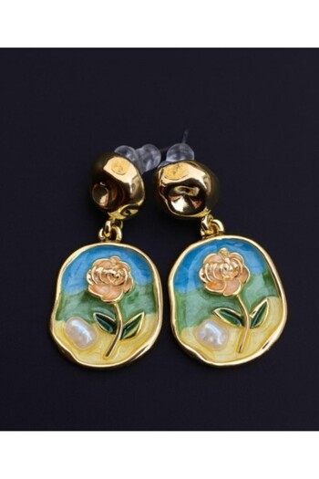 BuradaBuldun Modern Earrings with Blue Patterned Floral Motifs