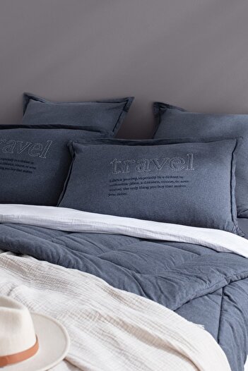 Madame Coco Yeni Sezon Bobigny Çift Kişilik Pamuklu SuperSoft Comforter Set - İndigo - İNDİGO