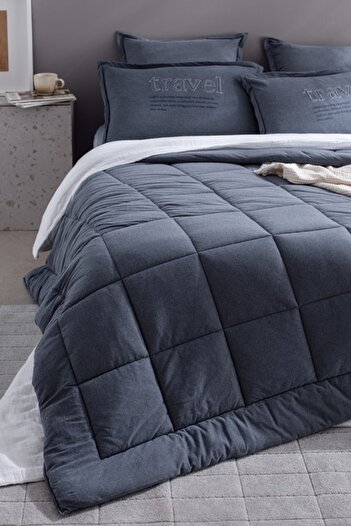 Madame Coco Yeni Sezon Bobigny Çift Kişilik Pamuklu SuperSoft Comforter Set - İndigo - İNDİGO