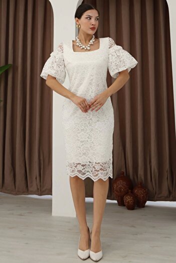 lodmela Square Neck Balloon Sleeve Lace Dress 6039-White