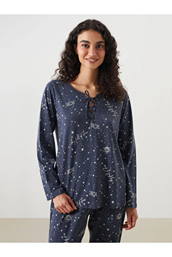 LC Waikiki Lcw Dreamnavy Blue Tie Collar Printed Women's Pajamas Set