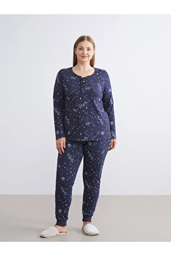 LC Waikiki Lcw Dreamnavy Blue Tie Collar Printed Women's Pajamas Set