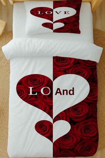 Else Dekor Red White Heart Love Floral Pattern Cotton Satin Single Duvet Cover Set 160X220Cm