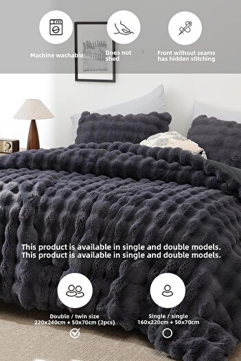 Evlen Home Collection Fur Bedspread Double Filled Plush Soft Double-Sided Quilt 3 Pieces Lory Anthracite Smoked