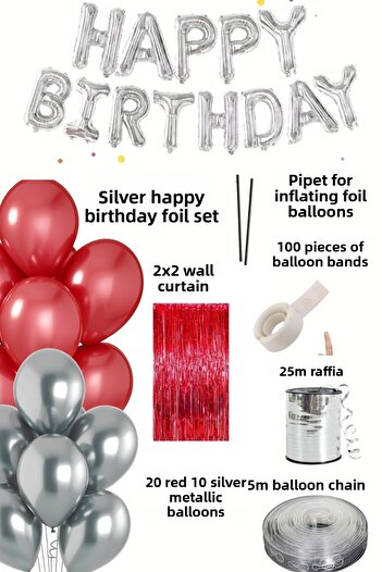 Baloncu Nene Happy Birthday Foil Set Red Silver Balloon Party Birthday Decoration Set