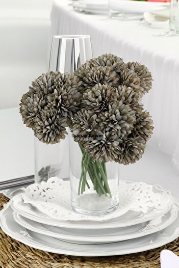 Yapay Çiçek Deposu Artificial Flower Ball Chrysanthemum 7-Piece Mini Snowball Bundle 28 cm Ecru-Grey