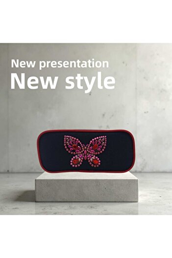 Cem Style Embossed Butterfly Patterned Black Fabric Pencil Bag