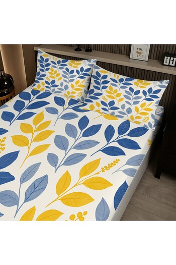 Else Dekor Yellow Navy Blue Floral Patterned Elastic Double Bed Sheet Set with Pillowcases 160X200Cm
