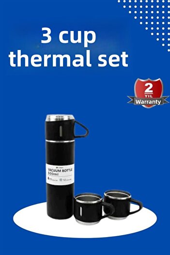 Toptan Bulurum Thermos set 3-piece cup set heat resistant black stainless steel vacuum