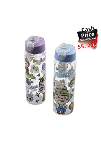 makay Labubu Children's Cartoon Character Illustrated Water Bottle Transparent Plastic with Straw and Locking Lid (5282)