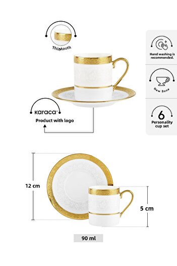 Karaca Royal Bone Victoria Coffee Cup for 6 People 90 ml
