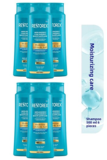 Restorex Hydra Moisturizing Revitalizing Care Shampoo 6X500 ml - Hyaluronic Acid, Glycoic Acid