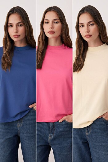 Trendyol Collection Indigo-Stone-Fuchsia 3-Pack 100% Cotton Regular Fit Stand Collar Knitted T-Shirt Twoaw26Ts00007