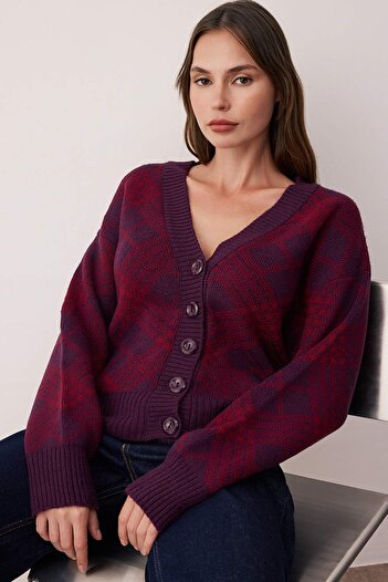 Trendyol Collection Plum Soft Textured Diamond Pattern V-Neck Knitwear Cardigan Twoaw26Hi00229