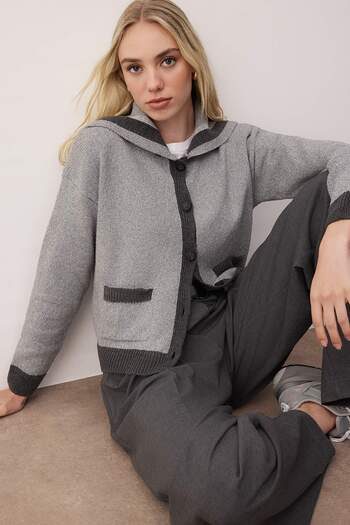 Trendyol Collection Gray Color Block Turn-Down Collar Knitwear Cardigan Twoaw26Hi00256