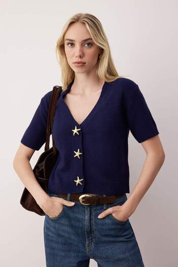 Trendyol Collection Navy Blue Button Accessory Detailed Knitwear Cardigan Twoaw26Hi00266