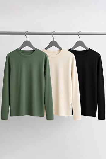 Trendyol Collection Μαύρο-Μπεζ-Σκούρο Πράσινο Κανονικό/Κανονικό Μακρυμάνικο Πακέτο 3 Βασικών Μπλουζών TMNAW21TS0197