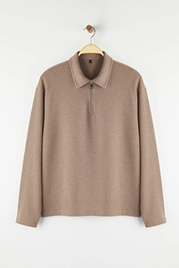 Trendyol Collection Stein Oversize/Großer Schnitt Strukturiertes Langarm-Polohemden T-Shirt TMNAW26PO00000
