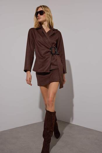 Trendyol Collection Limited Edition Brown Suede Accessory Detailed Jacket Twoaw26Ce00035