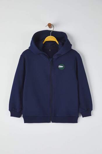 TRENDYOLKIDS Navy blue cotton printed hooded zippered regular boy's knitted cardigan tkdaw26sw00032