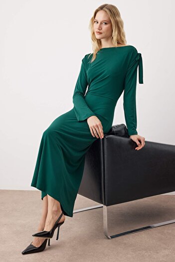 Trendyol Collection Emerald Green Open Shoulder Lace-Up Detail A-Line/Bell Opening Midi Knitted Dress Twoaw26El00226