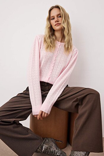 Trendyol Collection Light Pink Soft Textured Pointelle Knitwear Cardigan Twoaw26Hi00034