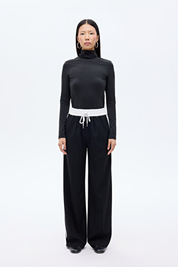 Quzu Label Detailed Stripe Garnished Wide Leg Trousers Black