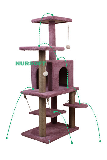 Nursoft Y-01 Salıncaklı Yuvalı Lüx Kedi Tırmalama Oyun Evi-Gül Kurusu