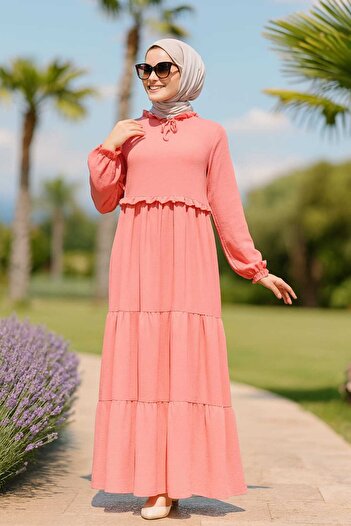 Neva Style Kat Piliseli Gül Kurusu Tesettür Elbise 5854gk