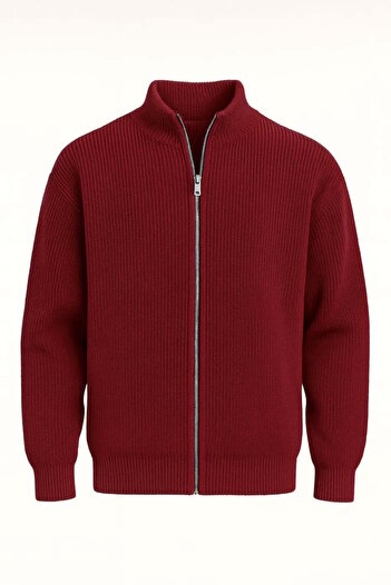 Valiberta Woody Oversize Thessaloniki Knitted Zippered Men's Cardigan - Burgundy